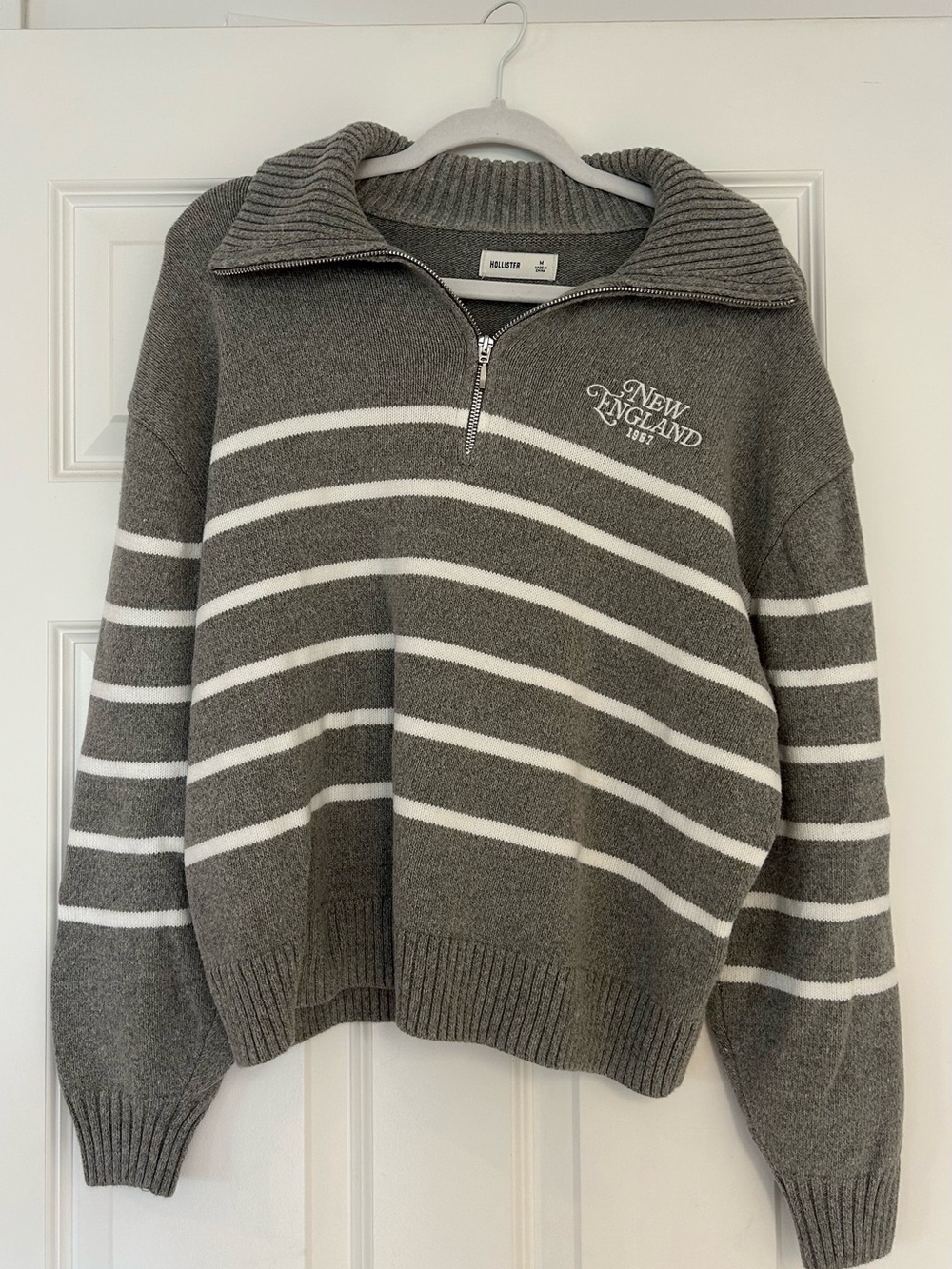Hollister Gray & White Striped Half-Zip Sweater